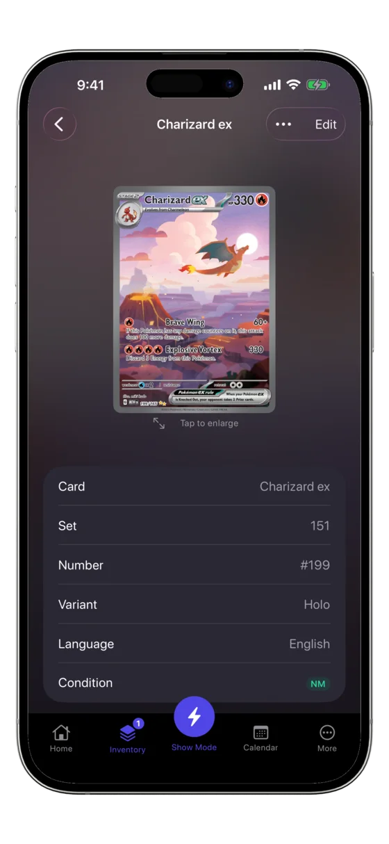 CardOps card detail with live market value and a price-history trend chart.