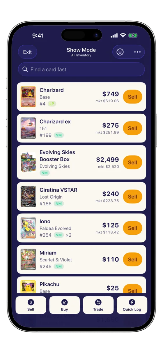 CardOps Show Mode: a fast selling screen listing Pokémon inventory — Charizard, Charizard ex, Giratina VSTAR, Iono and an Evolving Skies booster box — each with its live market price and a one-tap Sell button.